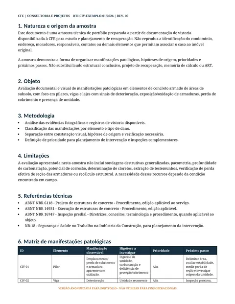 Página 2 de 6 do relatório civil de exemplo: página de texto com as seções de natureza da amostra, objeto, metodologia, limitações e referências normativas, e o início da matriz.