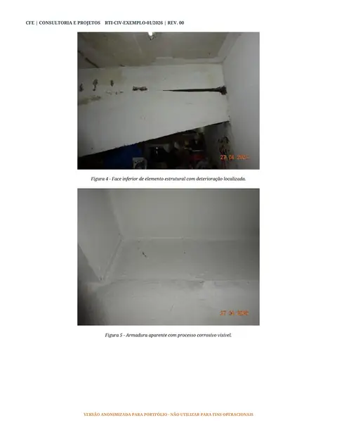 Página 5 de 6 do relatório civil de exemplo: página de registro fotográfico, com duas figuras de elementos de concreto armado e as legendas correspondentes.
